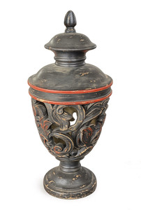 Metal Urn for Ashes with Lid, Black/Red Scroll Pattern, Metallic Finish