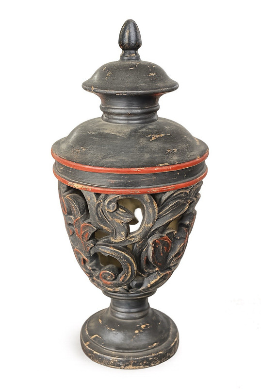 Metal Urn for Ashes with Lid, Black/Red Scroll Pattern, Metallic Finish