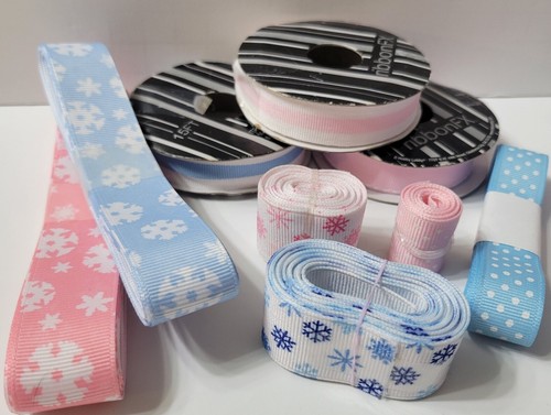 Lot of Ribbon Remnants, Winter Snowflakes Mixed Prints & Sizes/Lengths Grosgrain