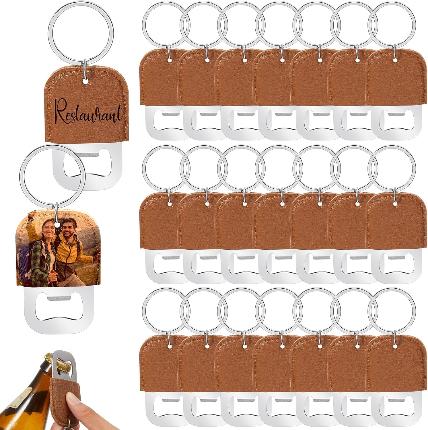 24-Piece Sublimation Ready Steel Leather Keychain Beer Bottle Openers