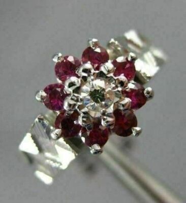ANTIQUE .60CT OLD MINE DIAMOND & AAA RUBY 14KT WHITE GOLD 3D FLOWER RING #21685