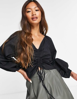Mango Ruched Front Blouse in Black Size 6 Cotton  EUC