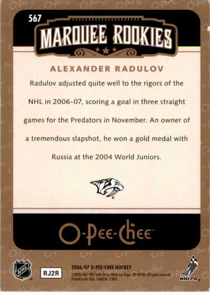 2006-07 O-Pee-Chee Marquee Rookie Alexander Radulov RC #567 - Image 2 of 2