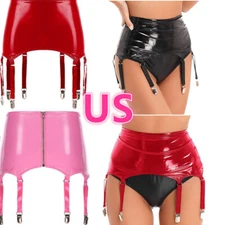 Women's Leather Skirt Garter Belt with 8 Metal Clips Lingerie Miniskirts Club