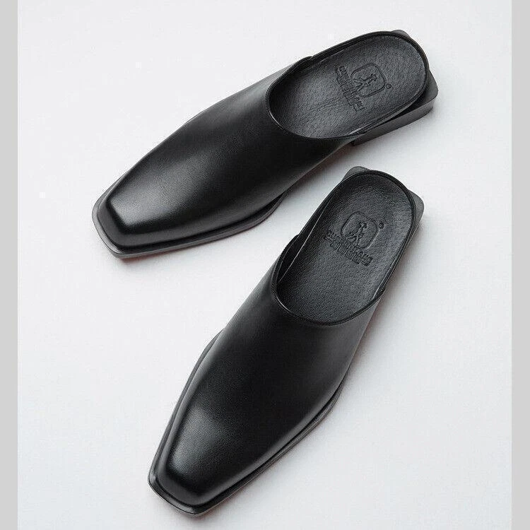 Zapatillas sin cordones de cuero con punta cuadrada para hombre Zapatos informales Vestido occidental Sandalia de trabajo Foto 2 de 4