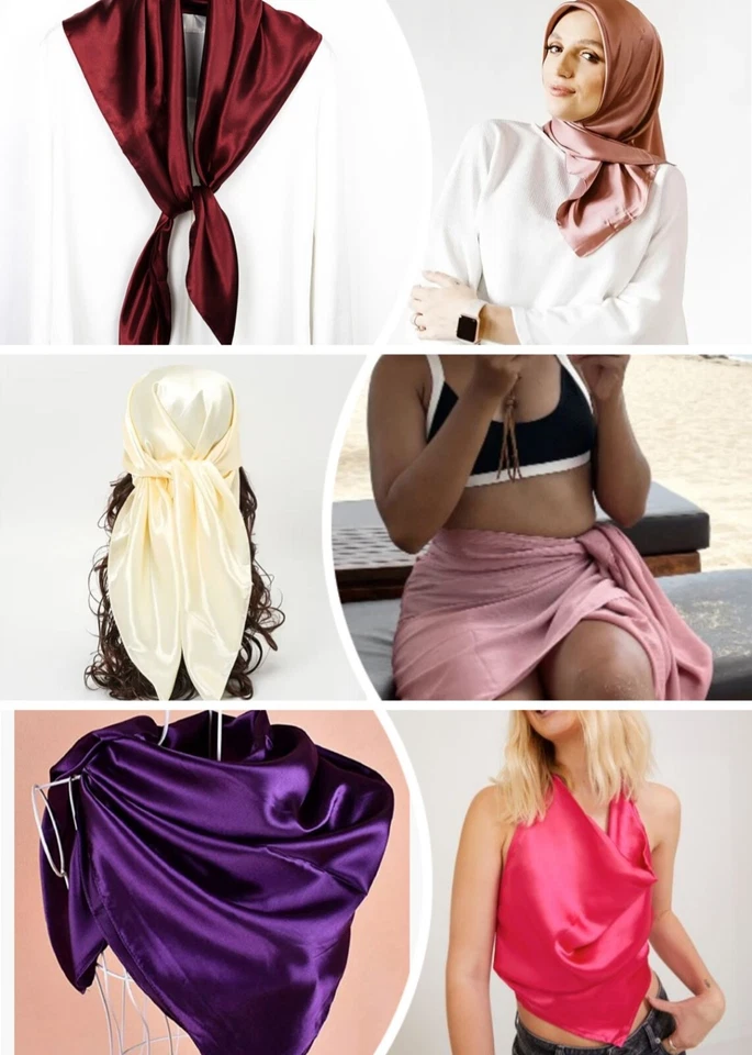 Large Square Satin Scarf Silk Feel Head Neck Wrap Solid Color Scarves Shawl 35" - Image 2 of 4