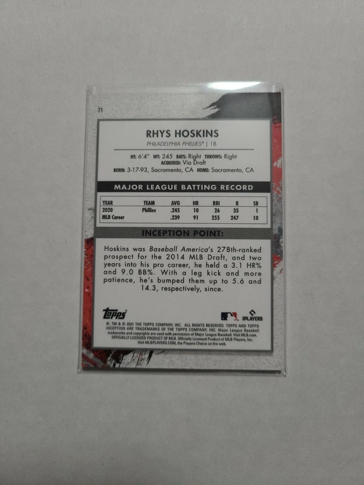 2021 TOPPS INCEPTION RHYS HOSKINS #71  PHILLIES  - Image 2 of 2