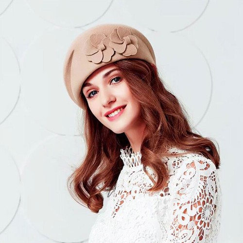 Winter Warm Wool Cap Ladies Felt Pillbox Hat Floral Beret Beanie Women Headwear - Bild 10 von 23