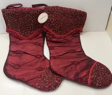 TII Collections Fancy Holiday Stockings Shiny Swirl Maroon/Gold 17" Lot Of 2