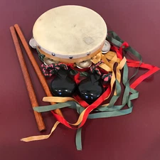 3 Hand Percussion Instruments Werco 7” Tambourine Spanish Castanets Clap Sticks