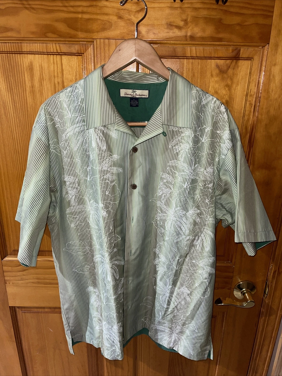 Tommy Bahama 100% Silk Short Sleeve Button Shirt Men's L Green Striped Floral