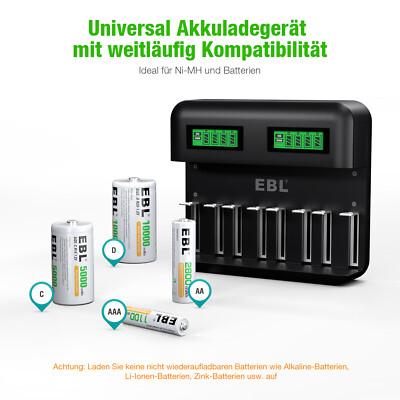 EBL 8-Slots LCD Ladegerät für AA AAA C D Akku Ni-MH NICD Universal