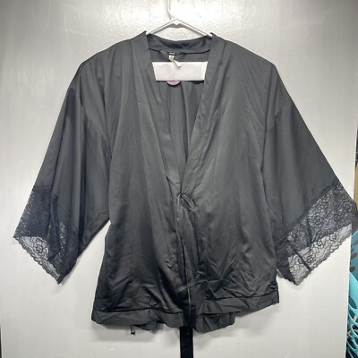 Cacique Size 18/20 Lingerie Black Satin Sheen Lace Robe Kimono Lounge Sleeve NWT