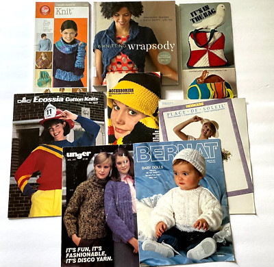 Lot 8 KNITTING PATTERN BOOKS Learn to Knit Sweaters Bags Knitting Rhapsody DVD