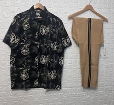 Men's Vintage 2-Piece Outfit Set   Leaf Print Shirt  Tan Pants with Stripe