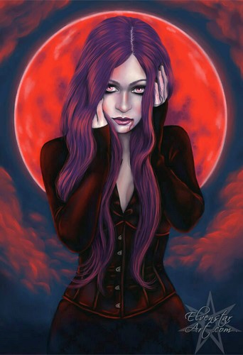 Vampire Art PRINT Gothic Full Moon Blood Moon Night Red Blue Woman Portrait - Picture 2 of 5
