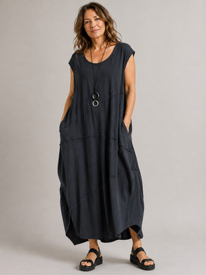 Heydari Wms Midi Dress +3 Black Diagonal Seam Sleeveless Lagenlook Avant Garde