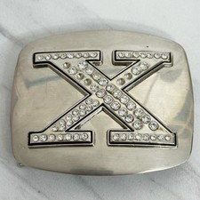 Rhinestone Studded X Letter Initial Monogram Silver Tone Belt Buckle