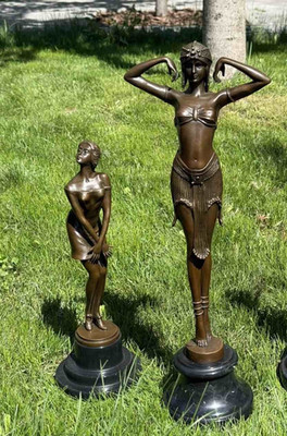 Woman Bronze Statue Female Sculpture Dancer Marble Lady Chiparus Art Decor Set 2