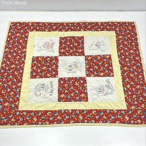 Vintage Clown Bunny Nursery Quilt Hand Embroidered Red Yellow 47x47 Inch