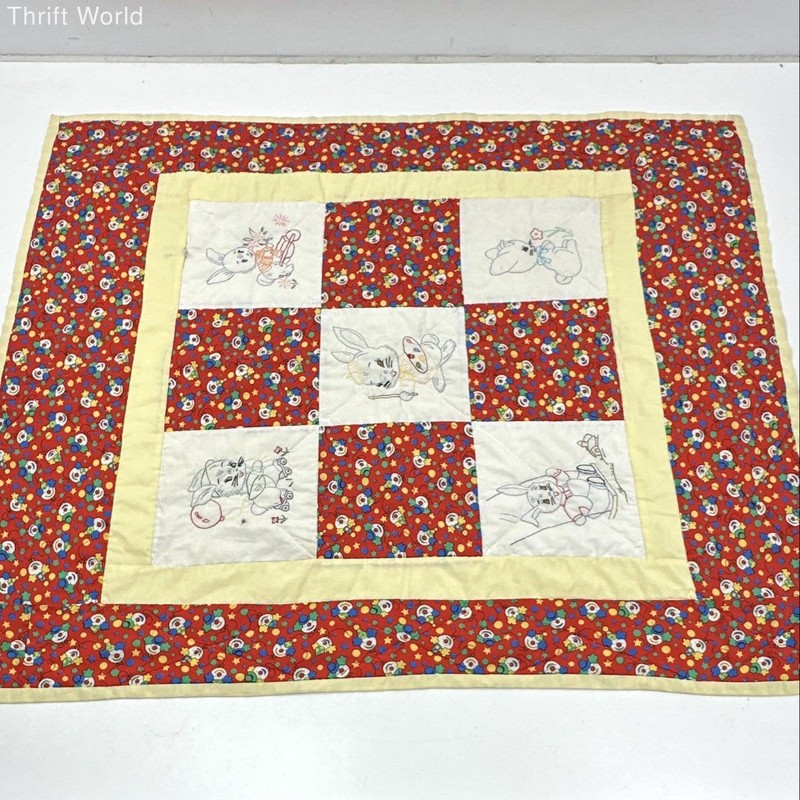 Vintage Clown Bunny Nursery Quilt Hand Embroidered Red Yellow 47x47 Inch