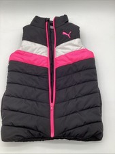 PUMA Girls Puffer Vest Sz 7/8 Black Pink Chevron Zip Up Lightweight Winter Vest
