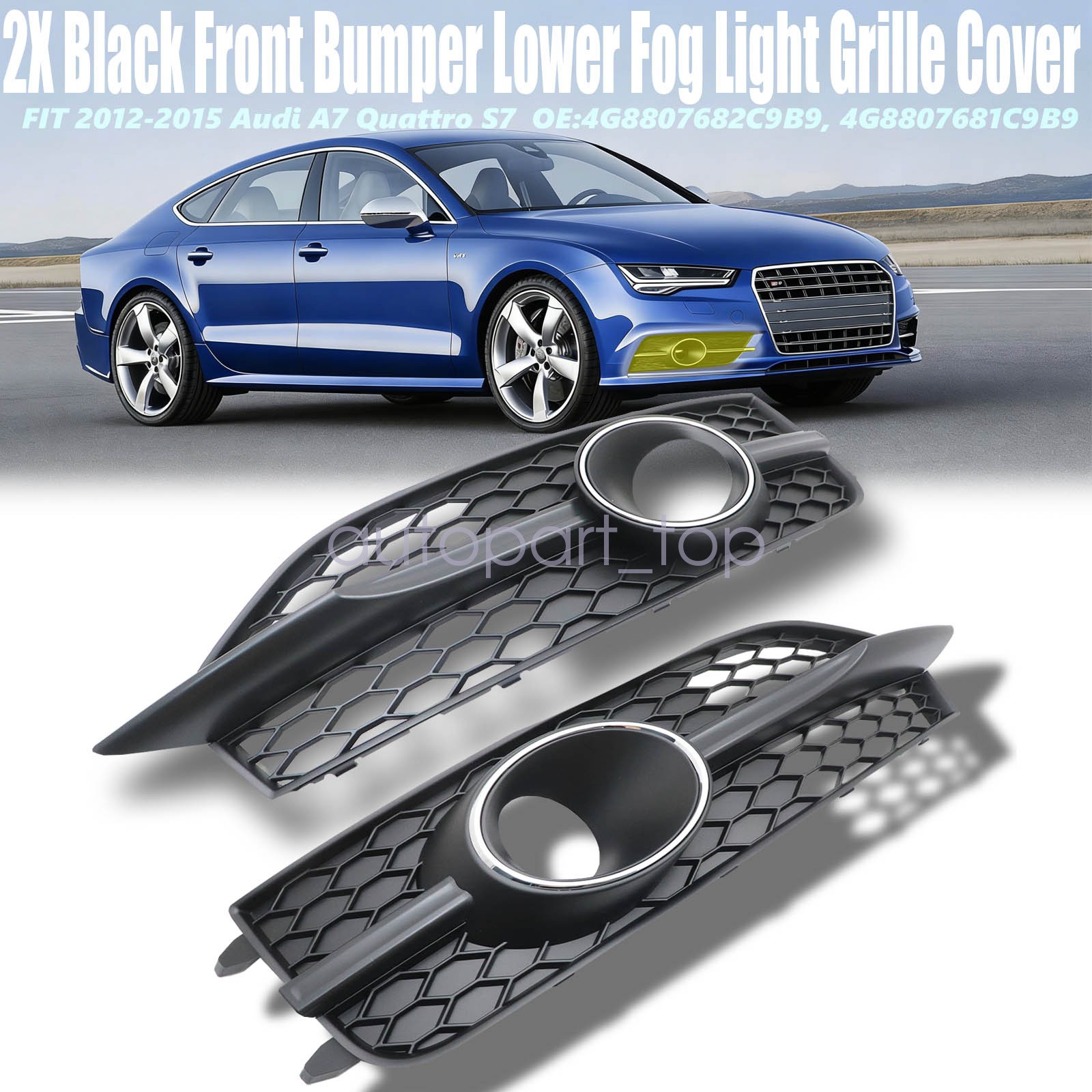 For 2012-2015 Audi A7Quattro Black 2X Front Bumper Fog Light Grille Cover Bezel