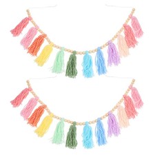2 Pcs Boho Tassel Wall Hanging Wood Bead Garland Beads Pastel Colorful