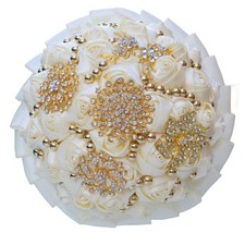 Ivory Wedding Bridal Bouquet with Gold Brooch Bling Rhinestone Pearl Satin Ro...