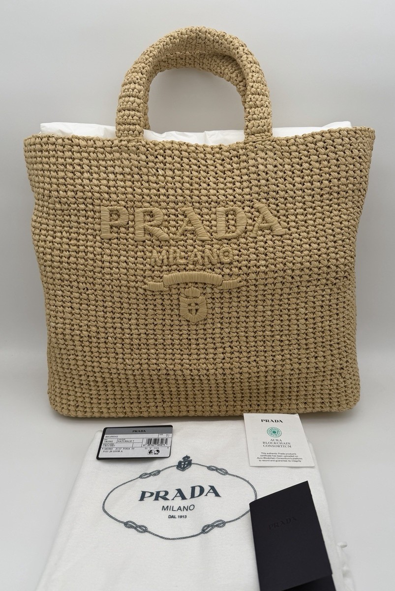 NEW PRADA LARGE RAFFIA STRAW CROCHET SUMMER CROCHET BEACH TOTE BAG