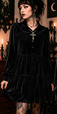 Goth Black Velvet Tiered Babydoll Mini Dress Long Sleeve Front Collared Small