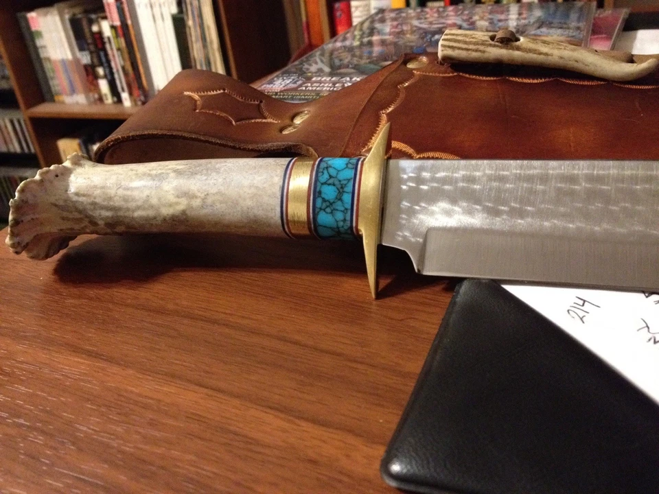 Crown Stag, Brass, and Turquoise Handle. 11” Jeweled Carbon Steel Blade - Image 3 of 3