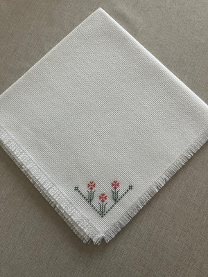 Bread Basket Cross Stitched Liner hand stitched white with pink flowers