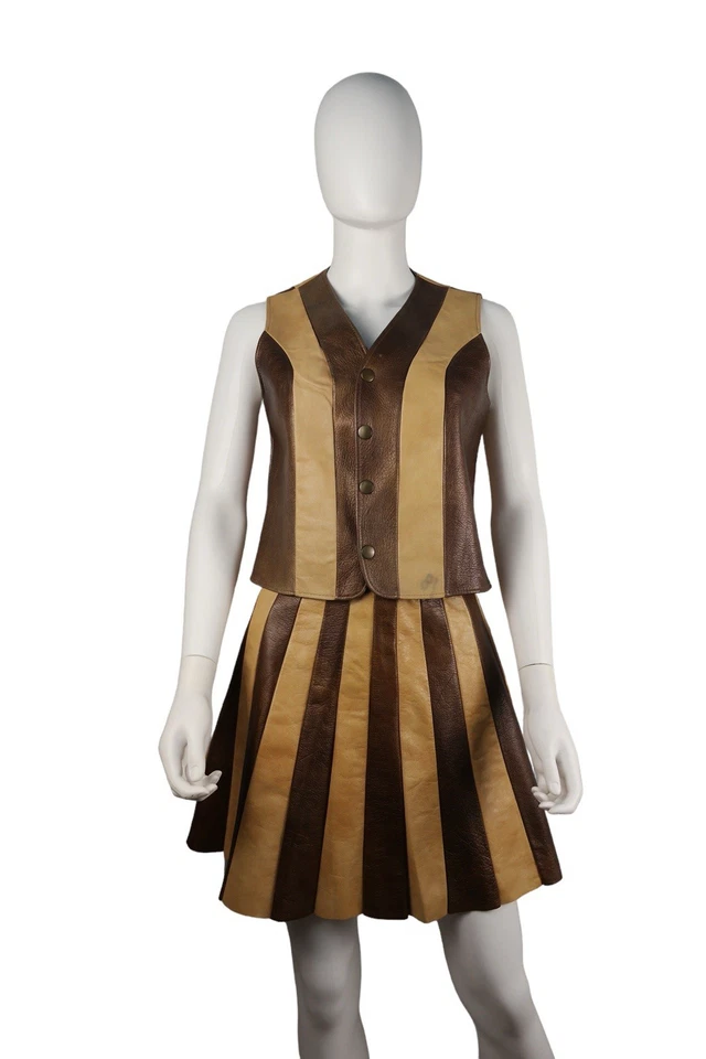 Vintage 70's Striped Leather Tan and Brown Vest and Skirt Set Size Small - Image 2 of 4