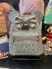 Loungefly Disney Minnie Mouse Silver Sequin Mini Backpack with Bow Collectible