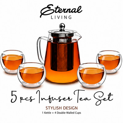 Glass Teapot Featuring a Removable Stainless-Steel Infuser and 4 Stylish Cups