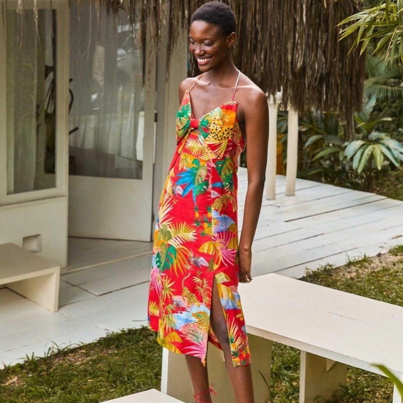 Farm Rio Tropical Jungle Bow Midi Dress Red Linen Halter Cutout Size M NWOT