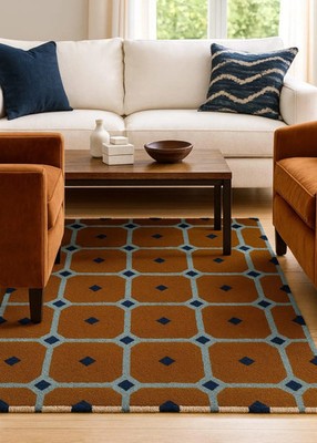 Modern Geometric Hand Tufted Rug Blue And Rust Abstract Area Carpet Contemporary