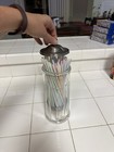 Old-Fashioned Straw Holder / Dispenser, Thick Glass Jar w/ Metal Lid & Mechanism — photo 9