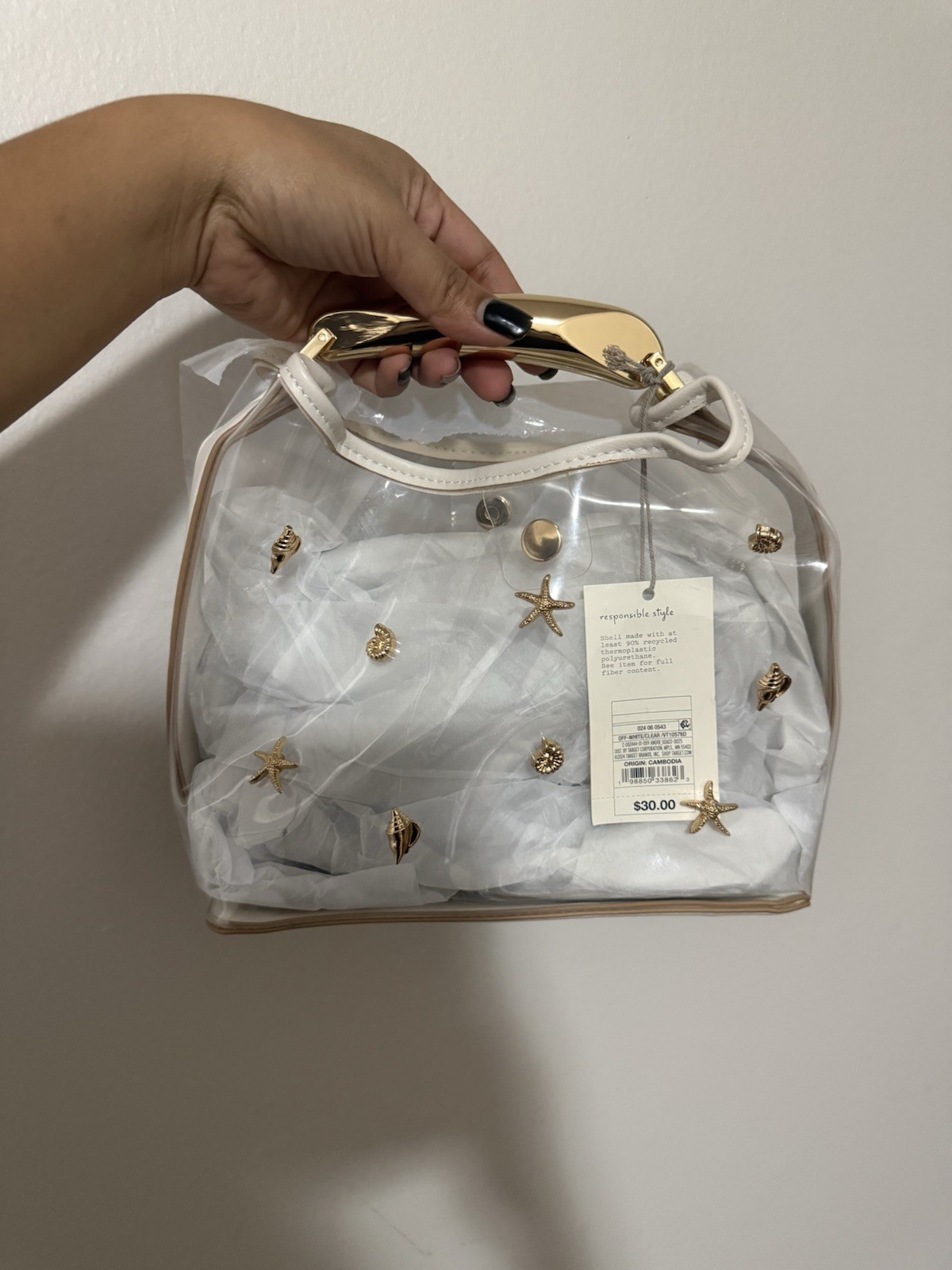 A New Day Beach Theme Top Handle Bag with Gold Tone Starfish and Shell Accents