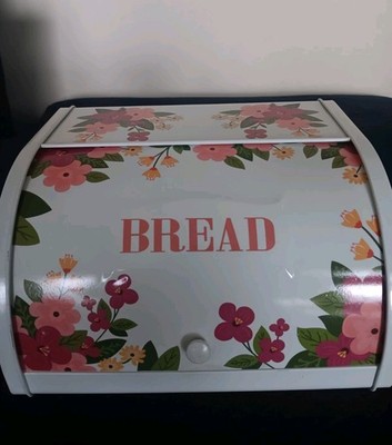 Metal ASHLAND White Spring-Floral Bread Box with roll up Door Kitchen Storage