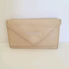 Balenciaga Logo 6 Key Ring Card Holder Wallet Case Leather Small Unisex Beige