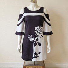 SHEIN Black & White Floral Rose Cold Shoulder Shift Dress Size 16 UK