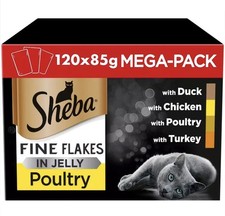 120 x 85g Sheba Fine Flakes Adult Wet Cat Food Feed Pouch Mixed Poultry in Jelly 5.59 per kilo