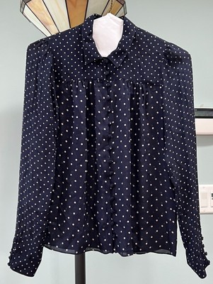 NWOT Worth New York 100% Silk Blouse Size XP Navy Polka Dot Loose Fit
