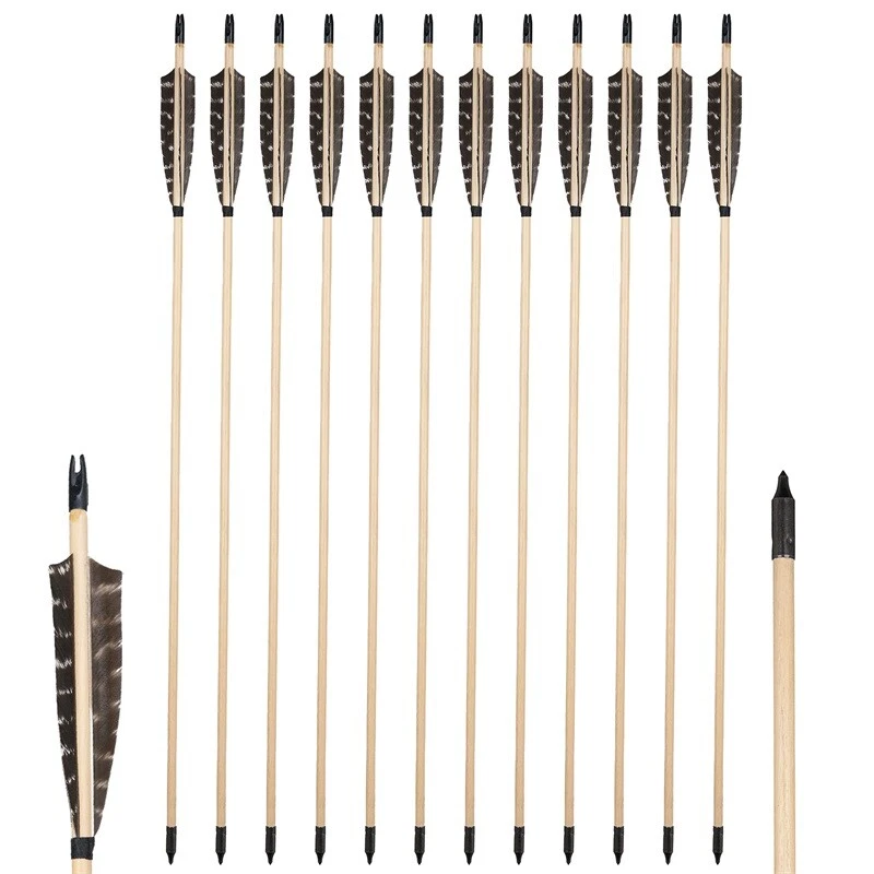 32" Wooden Arrows with Turkey Feather Archery Hunting for Traditional Longbow - Image 2 of 4