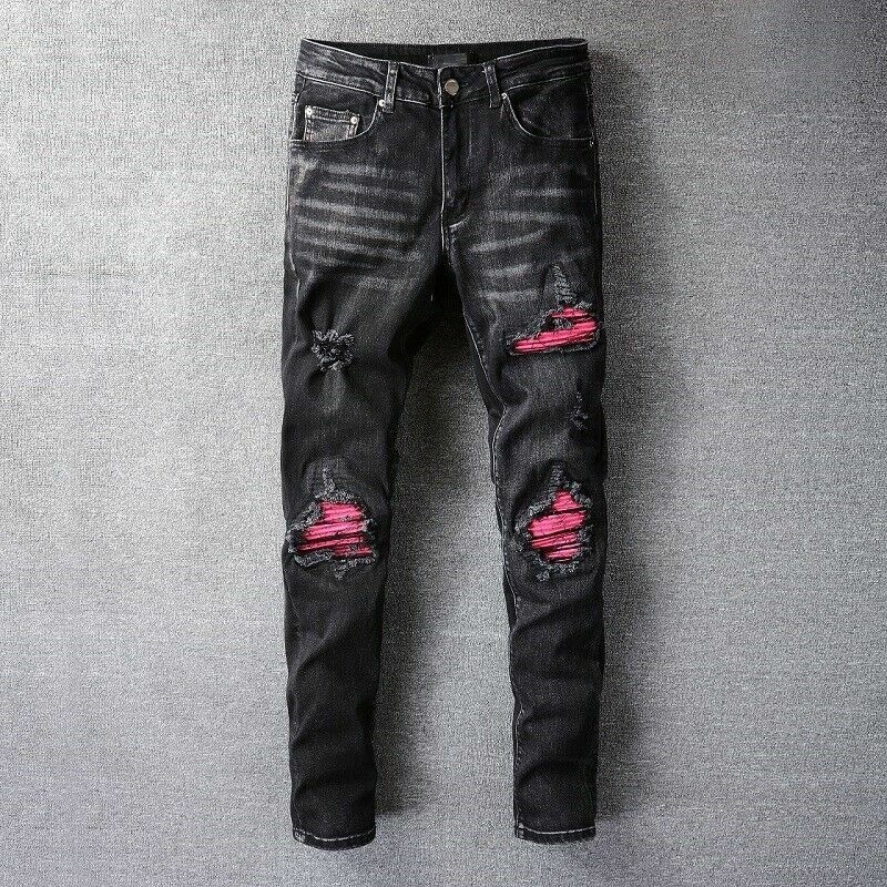 Men's Red Patch Black Pants Punk Slim Stretch Distressed Jeans With | eBay