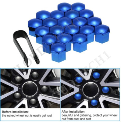 20x For SKODA FABIA OCTAVIA WHEEL BOLT NUT COVERS CHROME BLUE SET+REMOVAL
