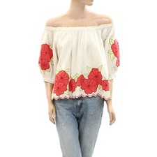 The Great Floral Embroidered Blouse Top Smocked Cotton Off Shoulder S NWT 274456