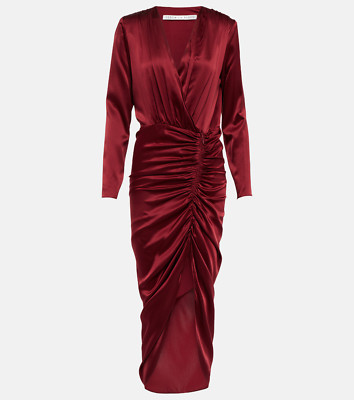 $697 VERONICA BEARD Cameri Ruched Silk-Blend Charmeuse Midi Dress 4 Cabernet Red